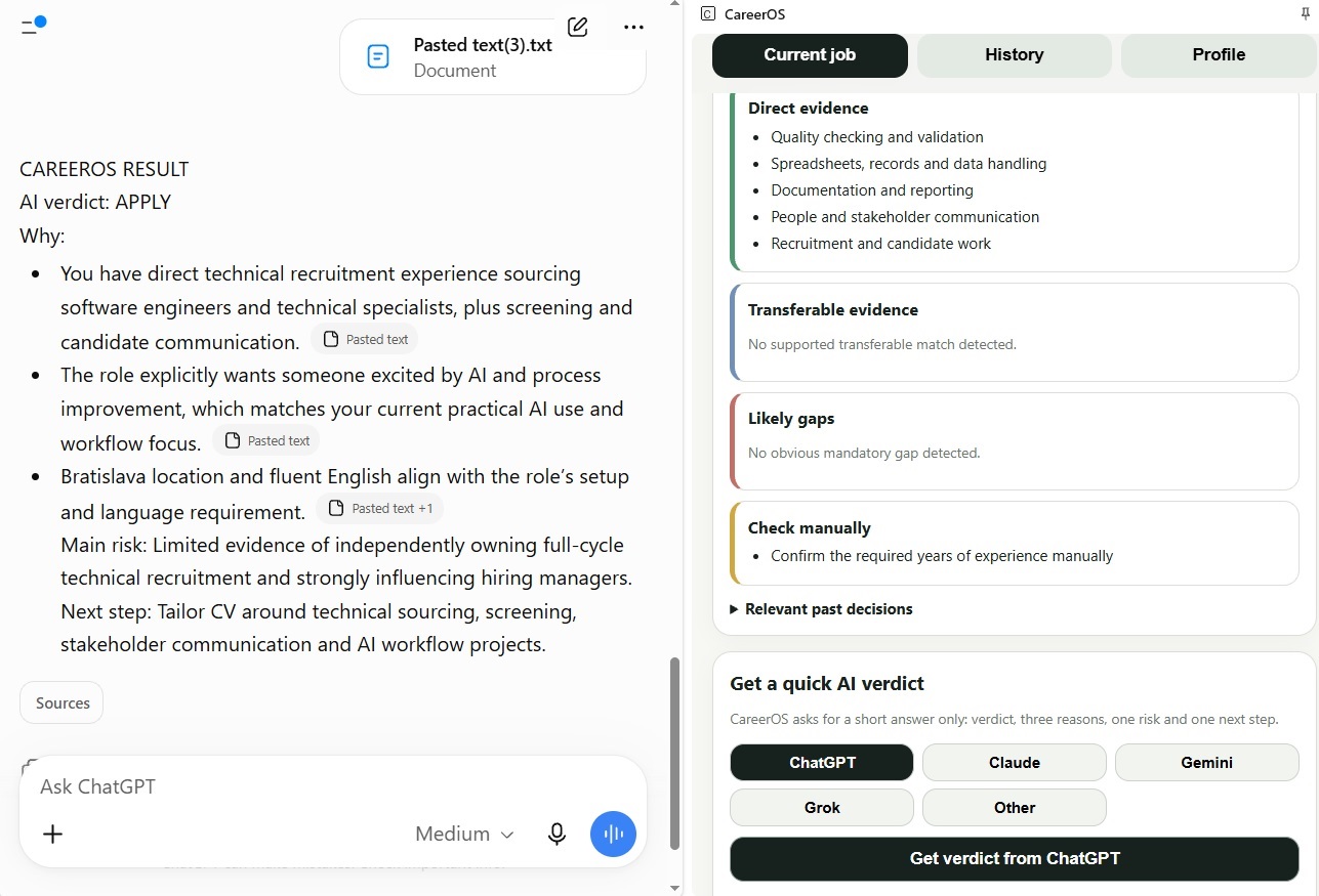 A ChatGPT Apply recommendation beside CareerOS’s local evidence snapshot, including a manual check for required years of experience.