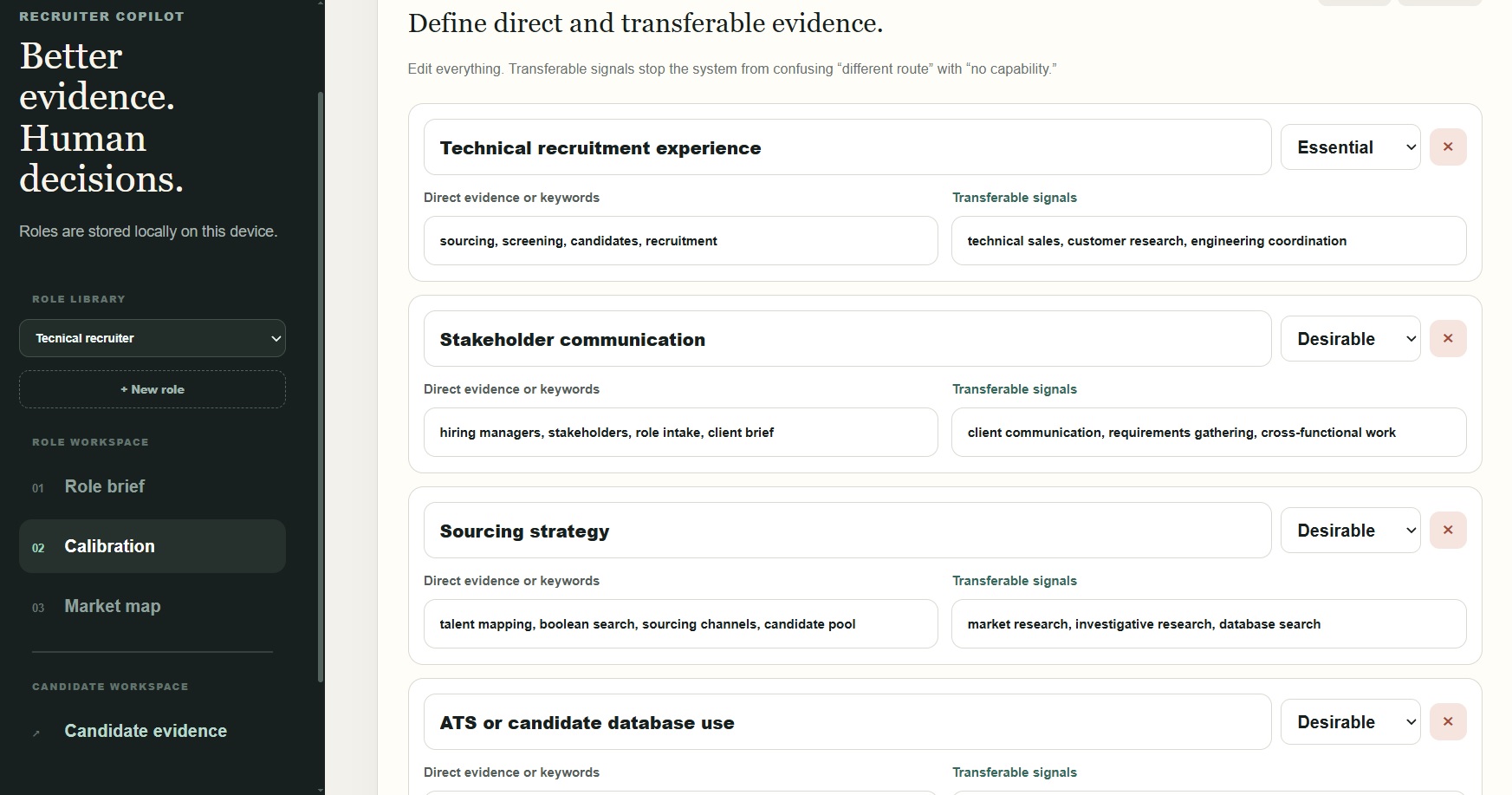 Editable recruitment criteria with essential and desirable labels, direct evidence and transferable signals.