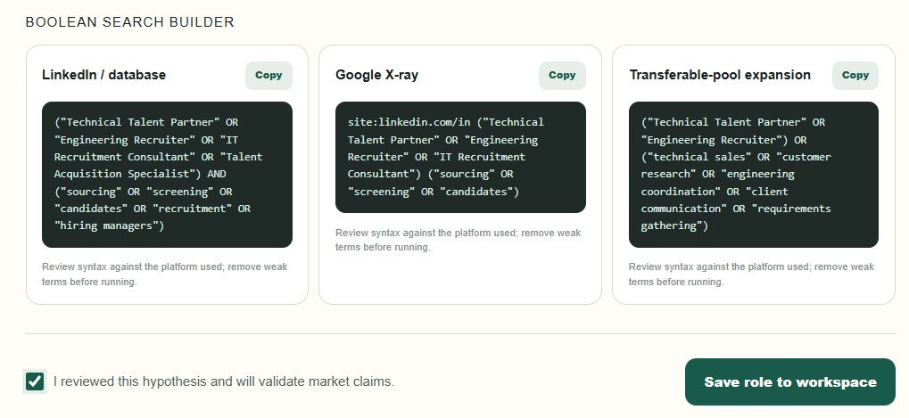 Boolean search strings and a checked recruiter review acknowledgement before saving a role.