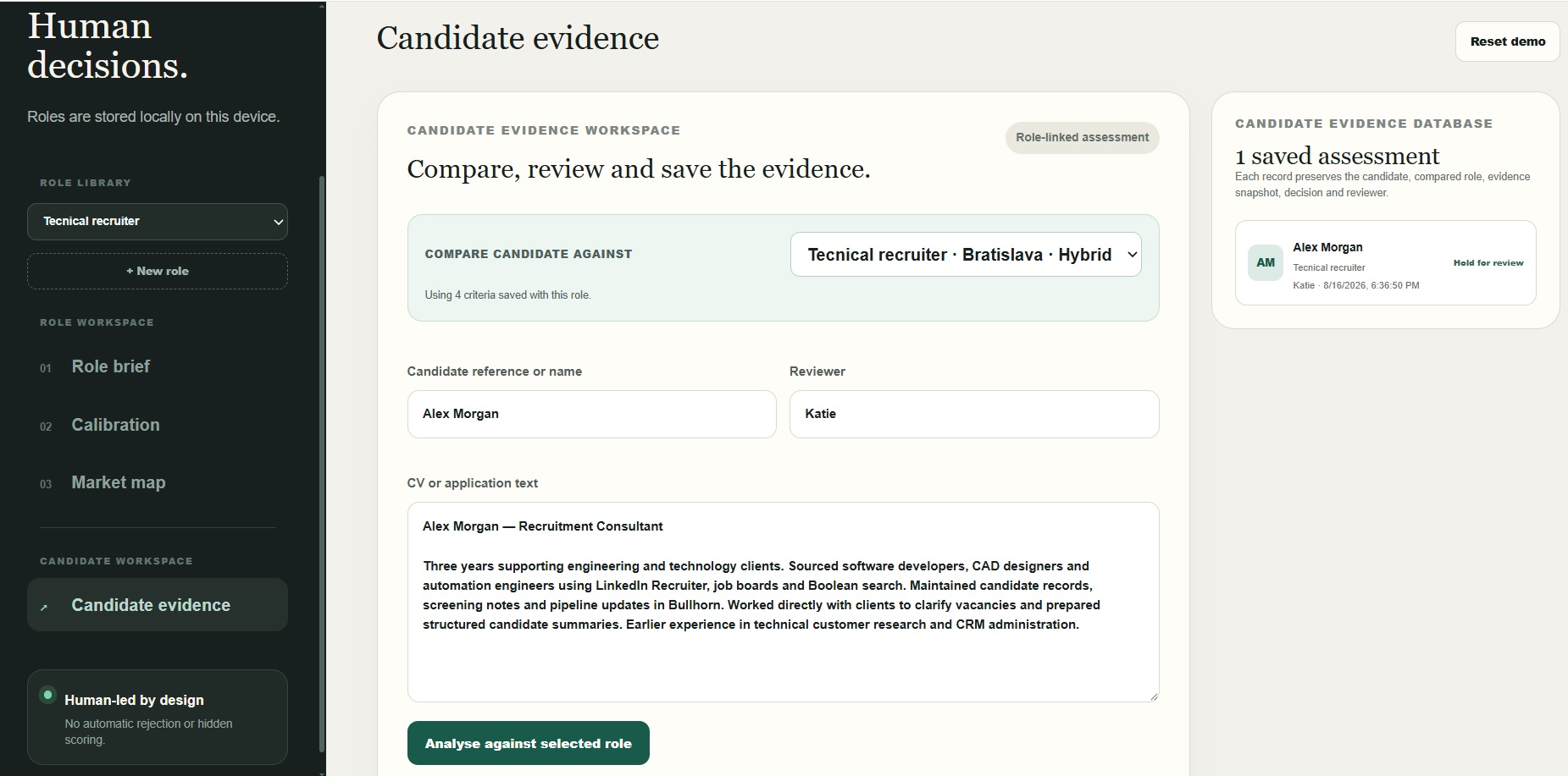 Candidate evidence workspace with a selected role, supplied application text, reviewer and a saved assessment marked Hold for review.